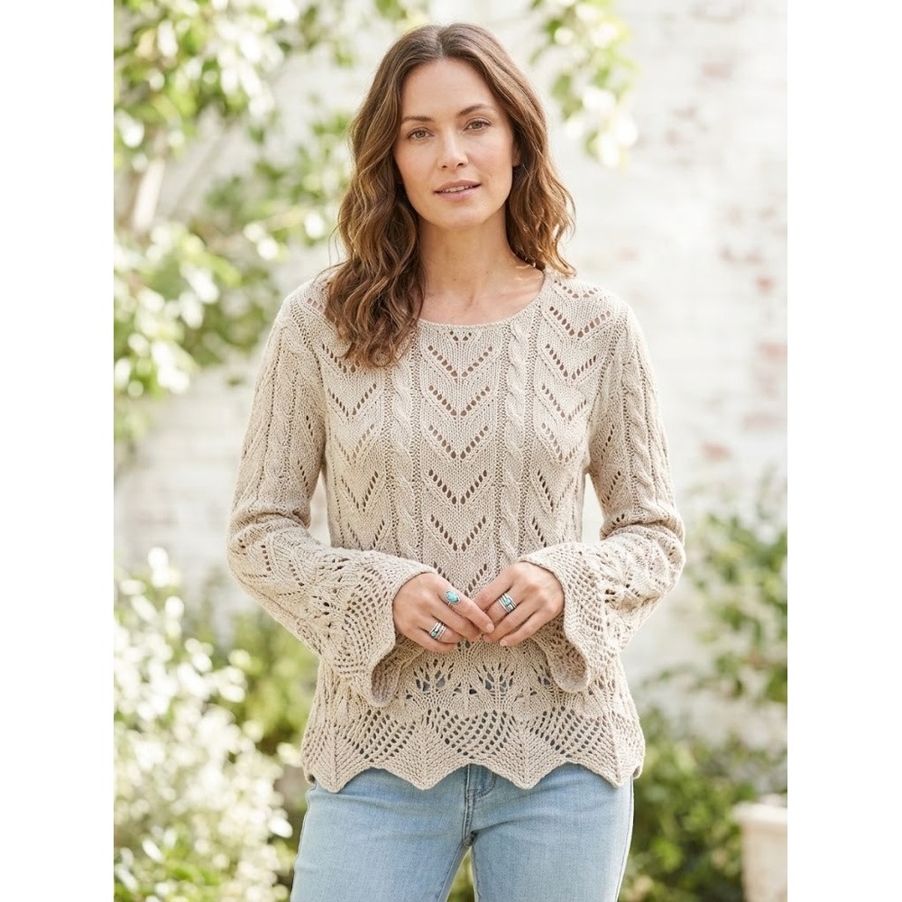 Sundance Open-Knit Pointelle Cable Sweater Bell Sleeve Beige Womens M Boho Chic